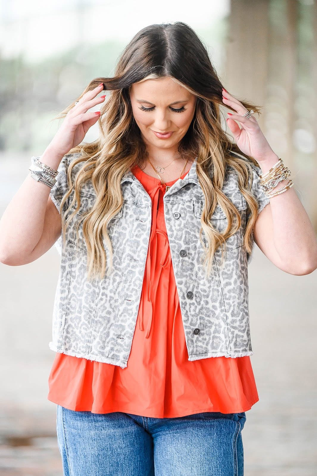 Heather Welper Collection- Cheetah Denim Button Up Flutter Sleeve Vest