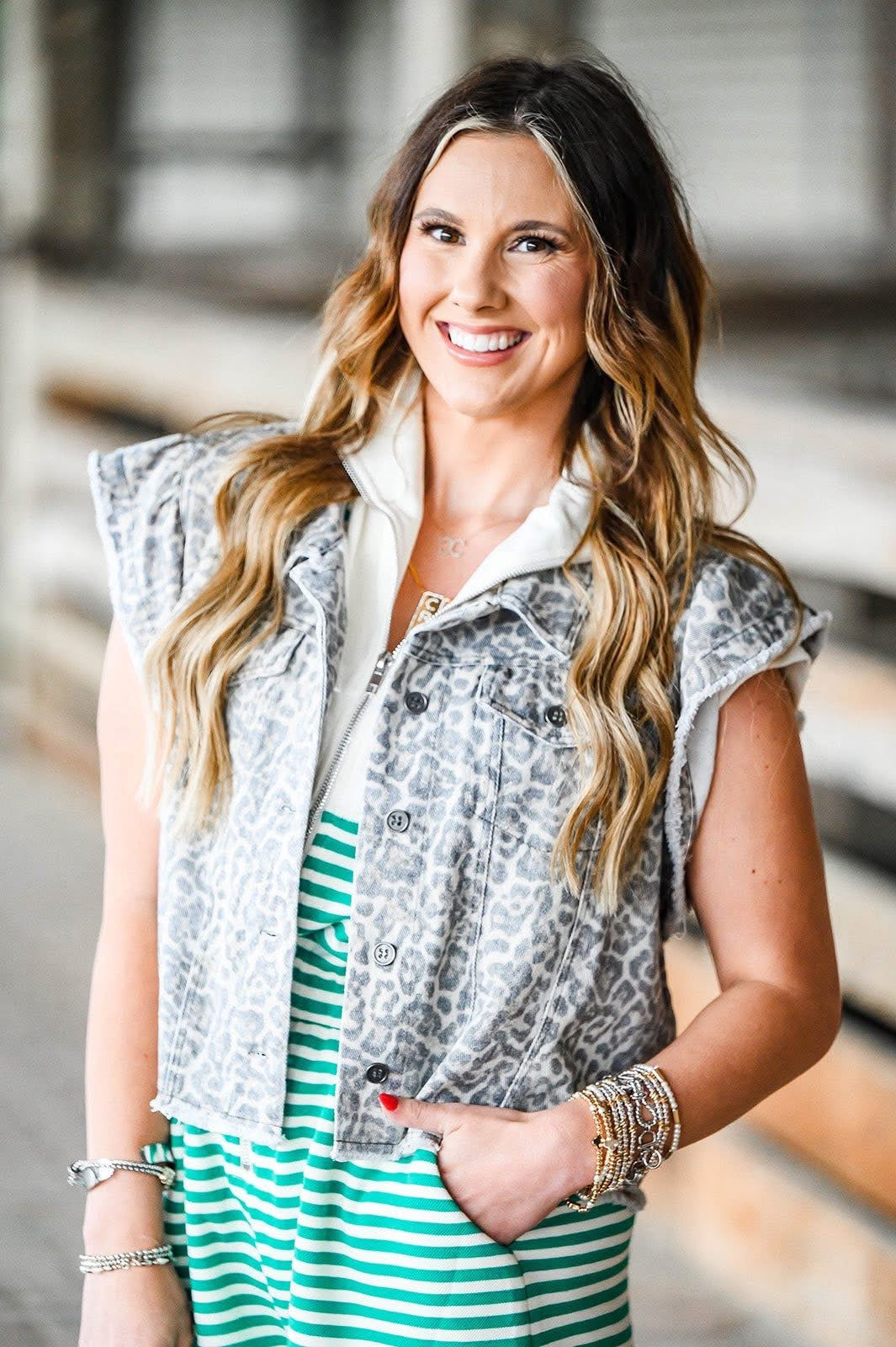 Heather Welper Collection- Cheetah Denim Button Up Flutter Sleeve Vest