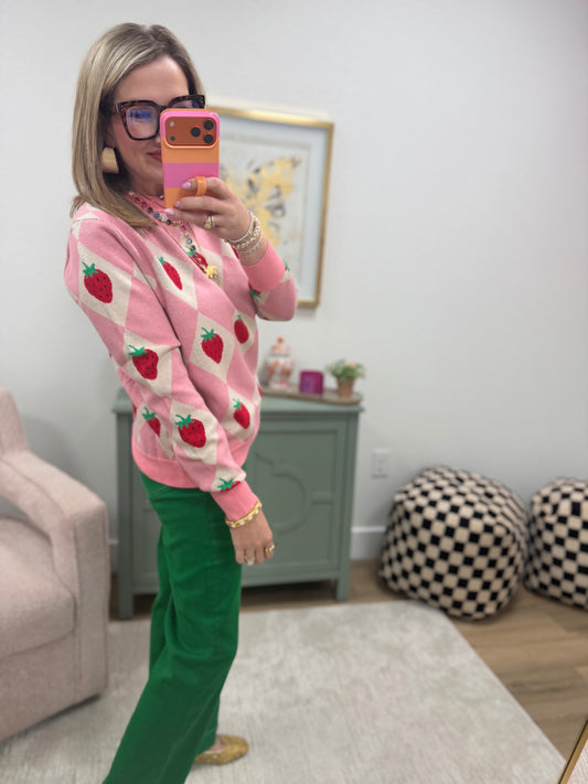 Soft Pink Strawberry and Diamond Grid Pattern Crew Neck Sweater