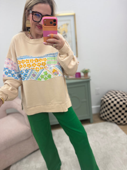 Oatmeal Mineral Washed Top with Floral Patch Details