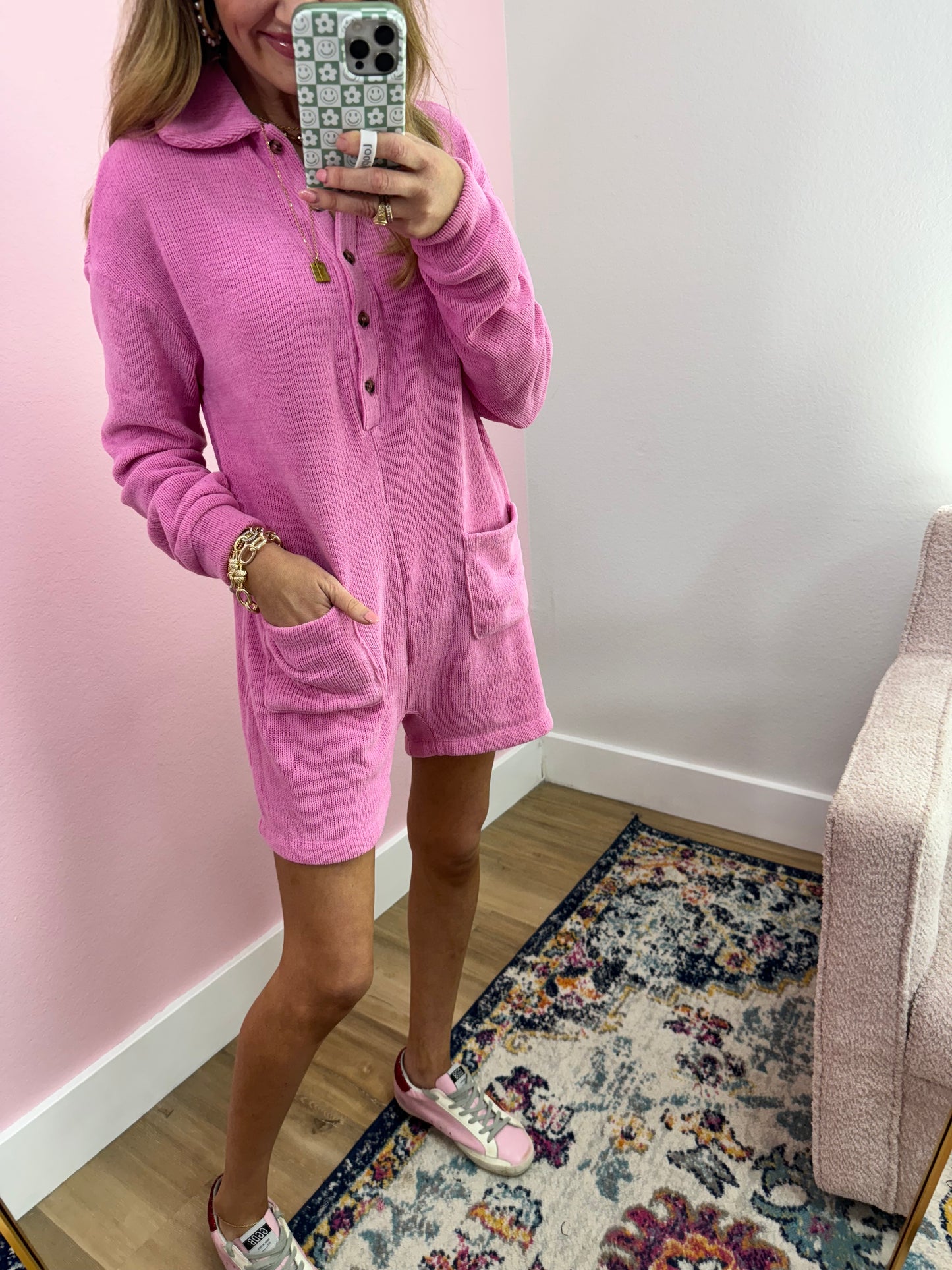 Dusty Rose Long Sleeve Button Down Romper