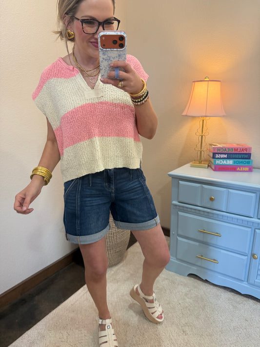 Pink Split Neck Sleeveless Stripe Sweater