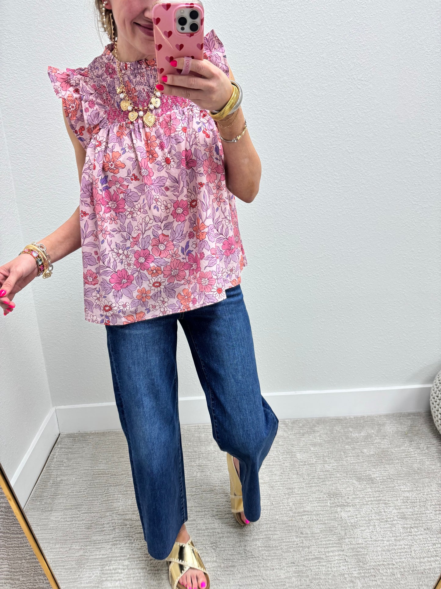 Pink Floral Ruffle Sleeve High Low Fit Top