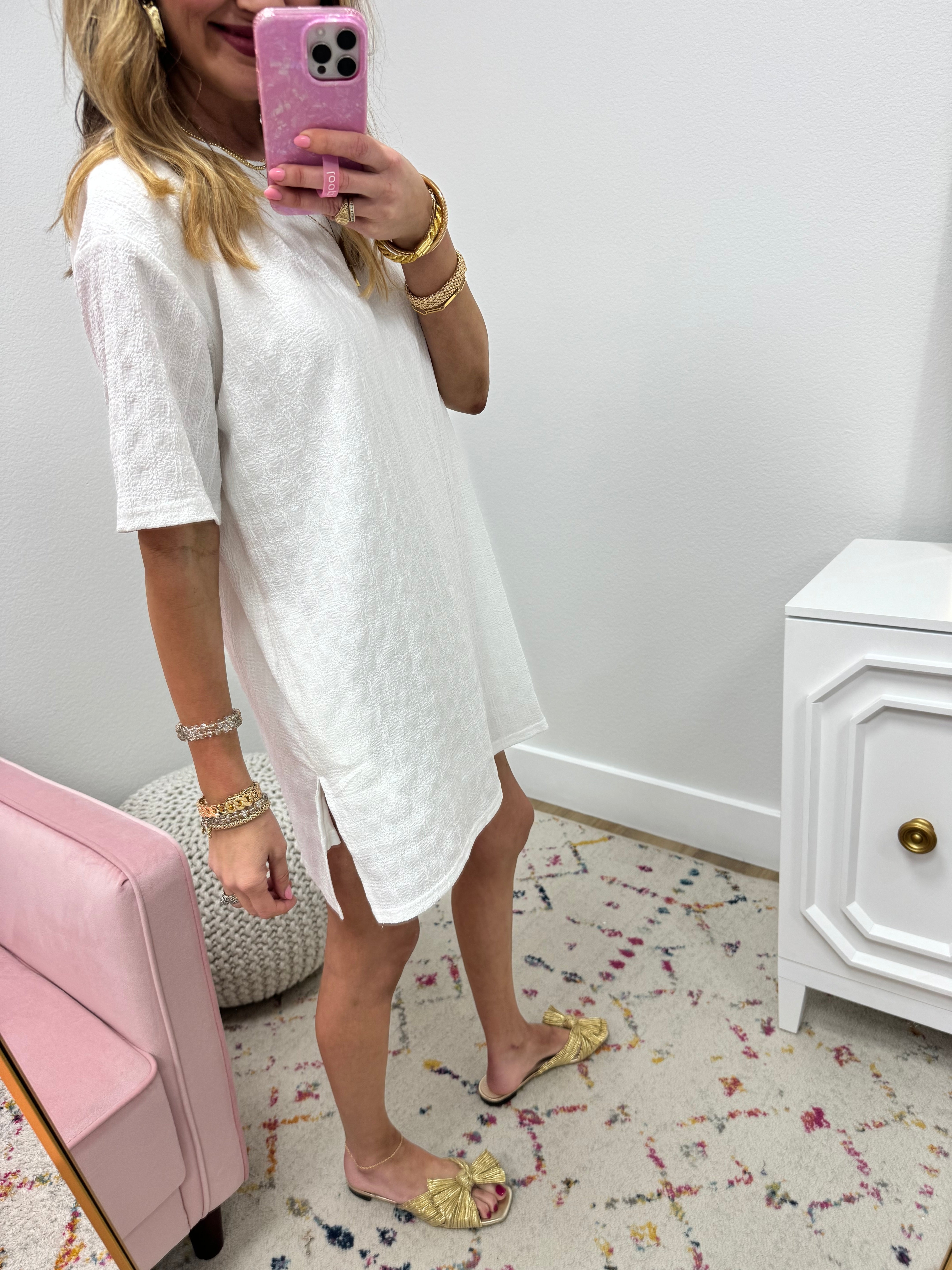 White Lined Tshirt Style Dress