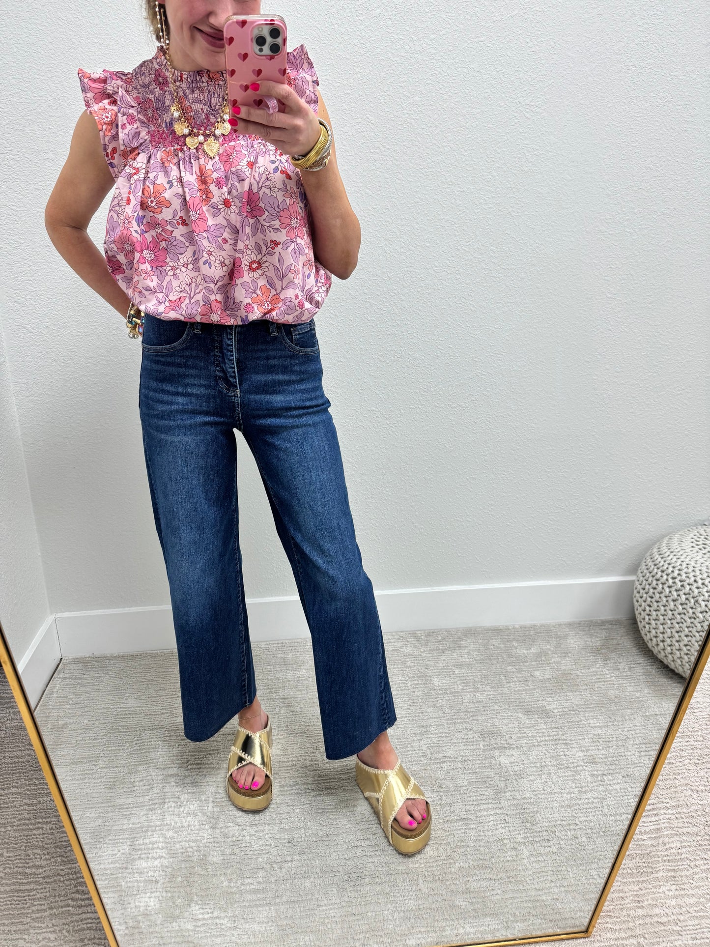 Pink Floral Ruffle Sleeve High Low Fit Top