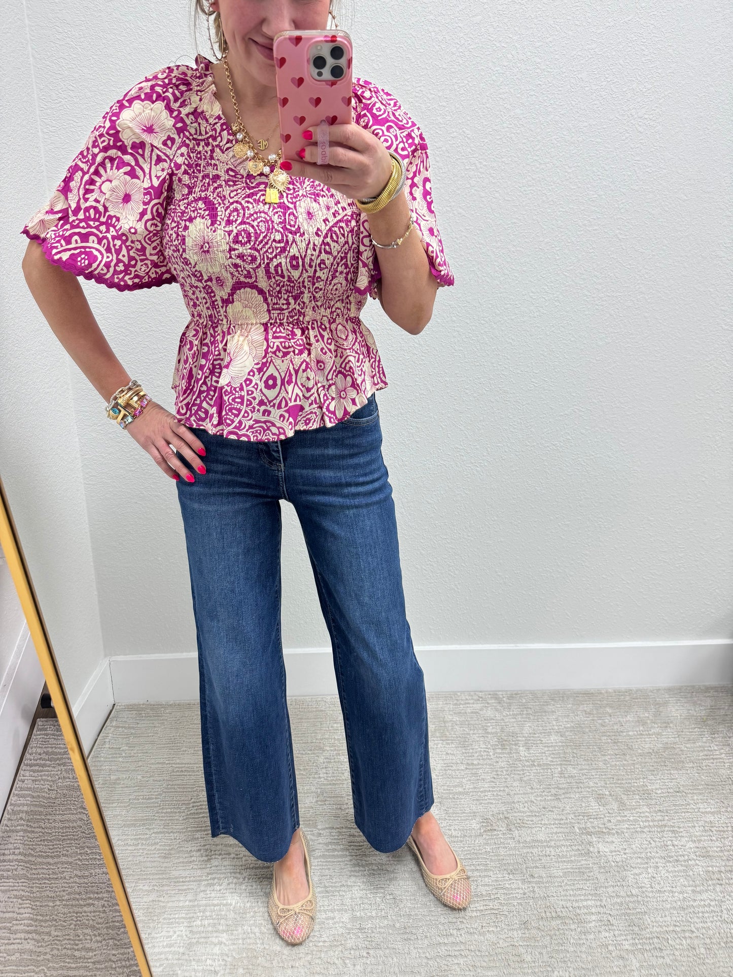 Pink and Cream Smocked Peplum Puff Sleeve Top