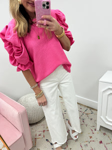 Pink Textured Ruched Sleeve Top