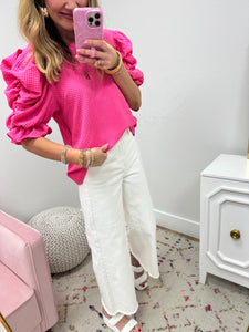 Pink Textured Ruched Sleeve Top