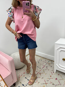 Pink Textured Floral Sleeve Top