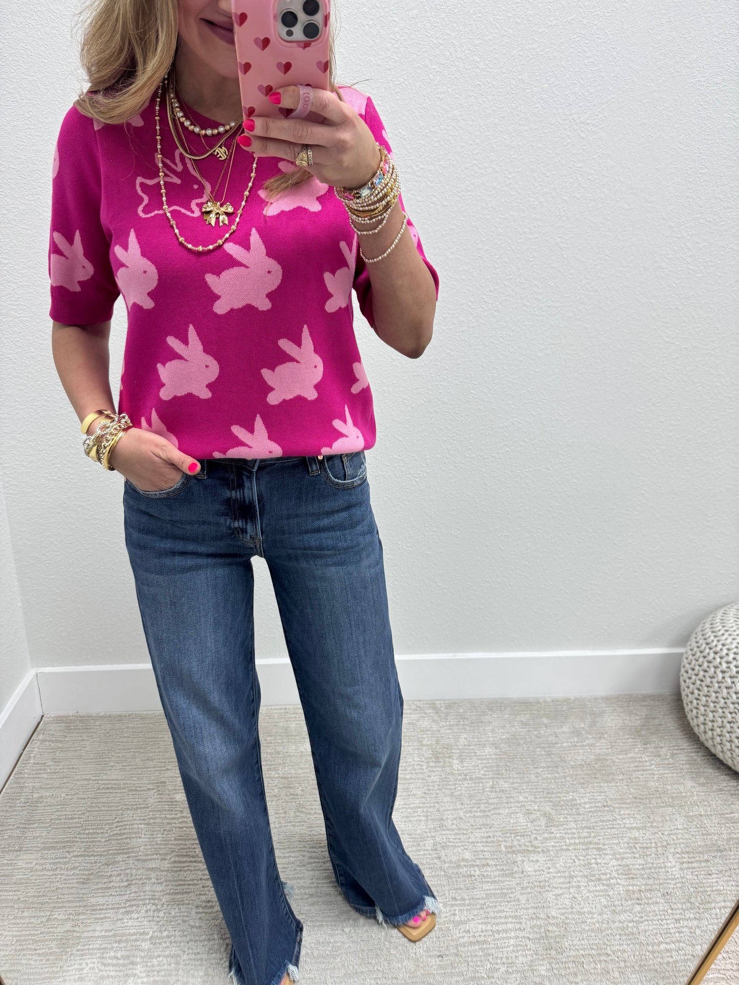 Bunnies Pink Short Sleeve Sweater Top FS