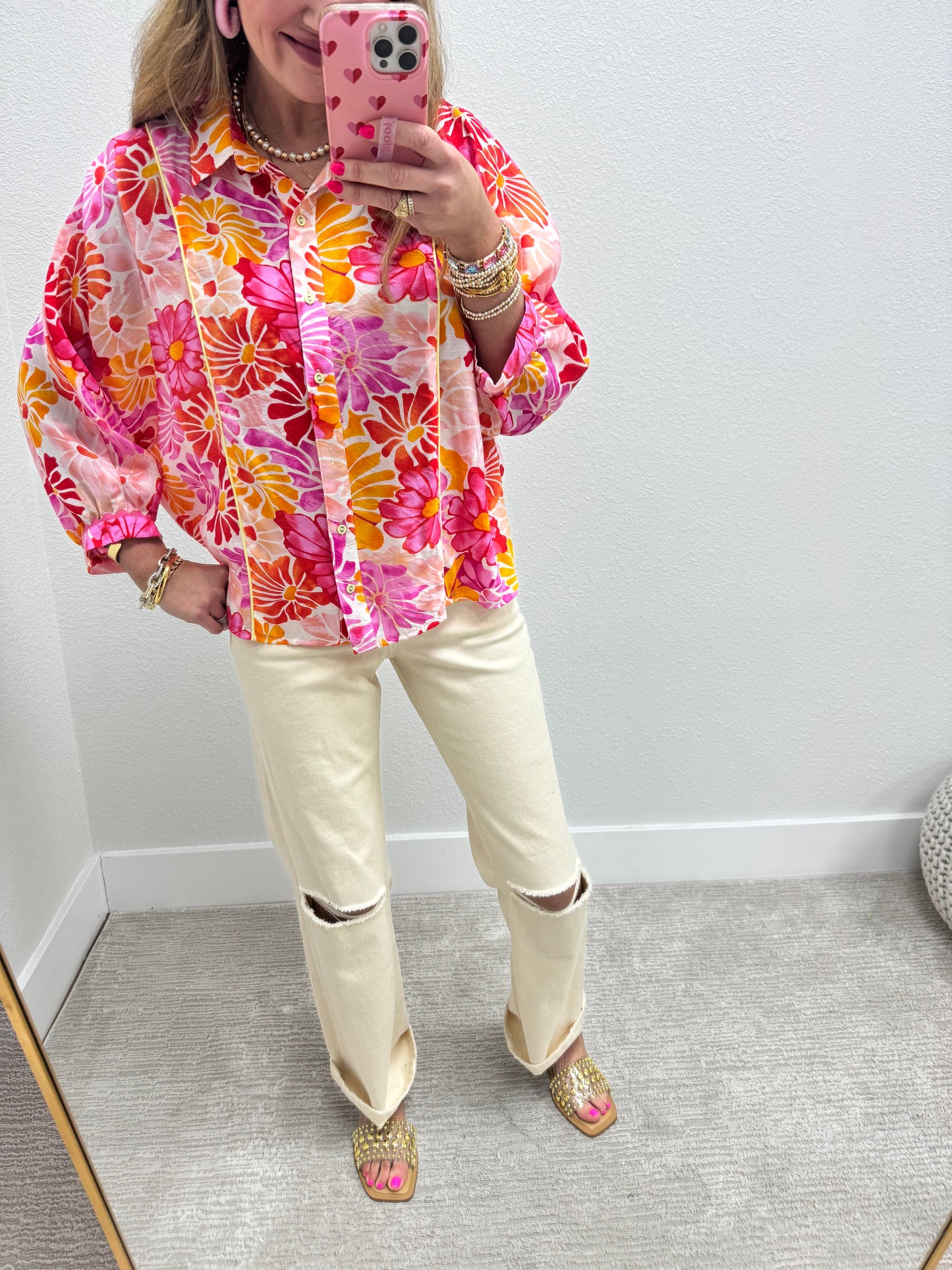 Floral Print Button Down Top 3/4 Sleeves
