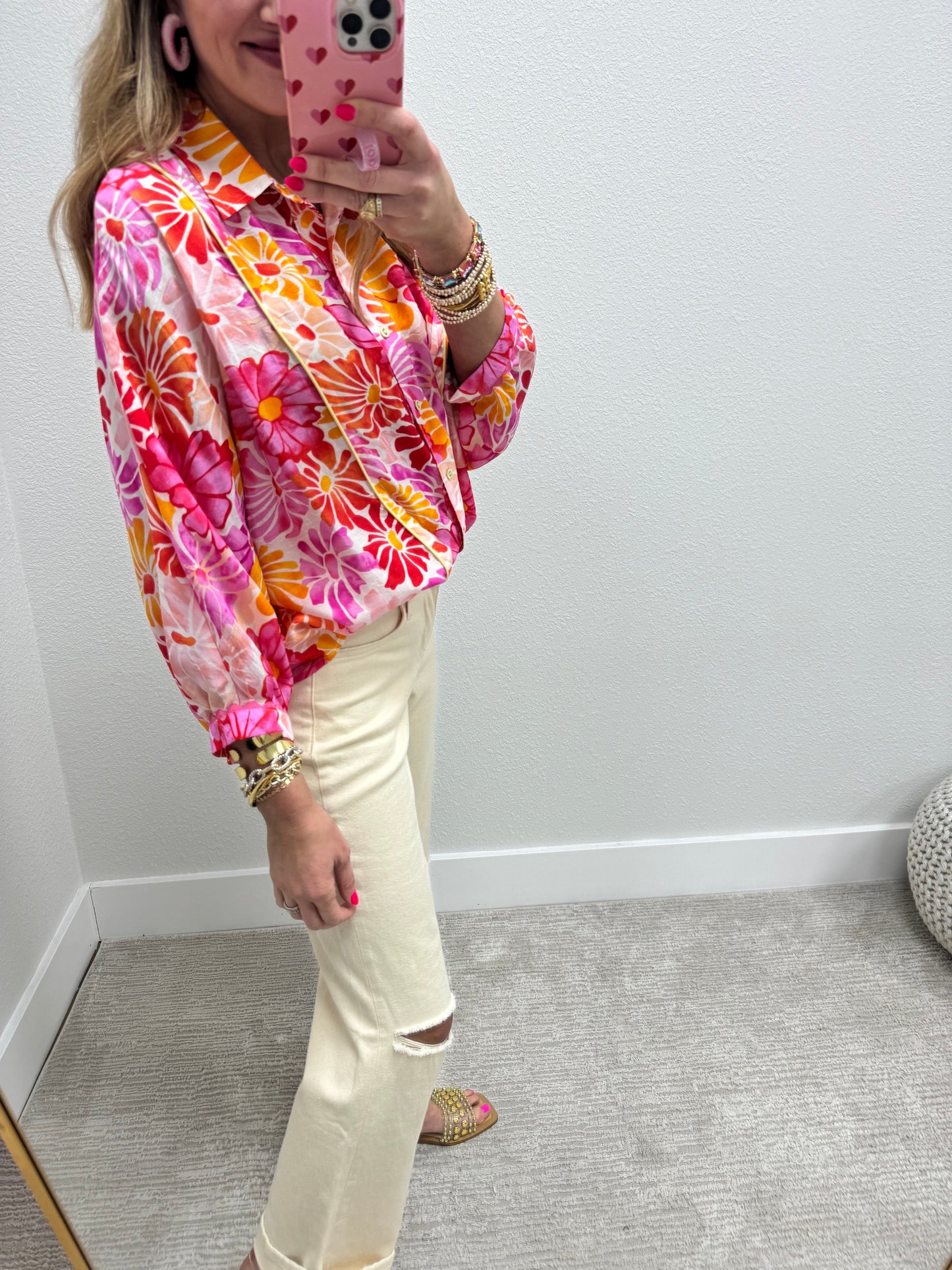 Floral Print Button Down Top 3/4 Sleeves