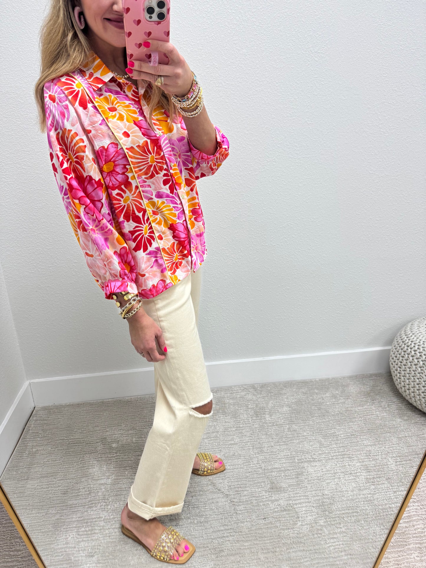 Floral Print Button Down Top 3/4 Sleeves