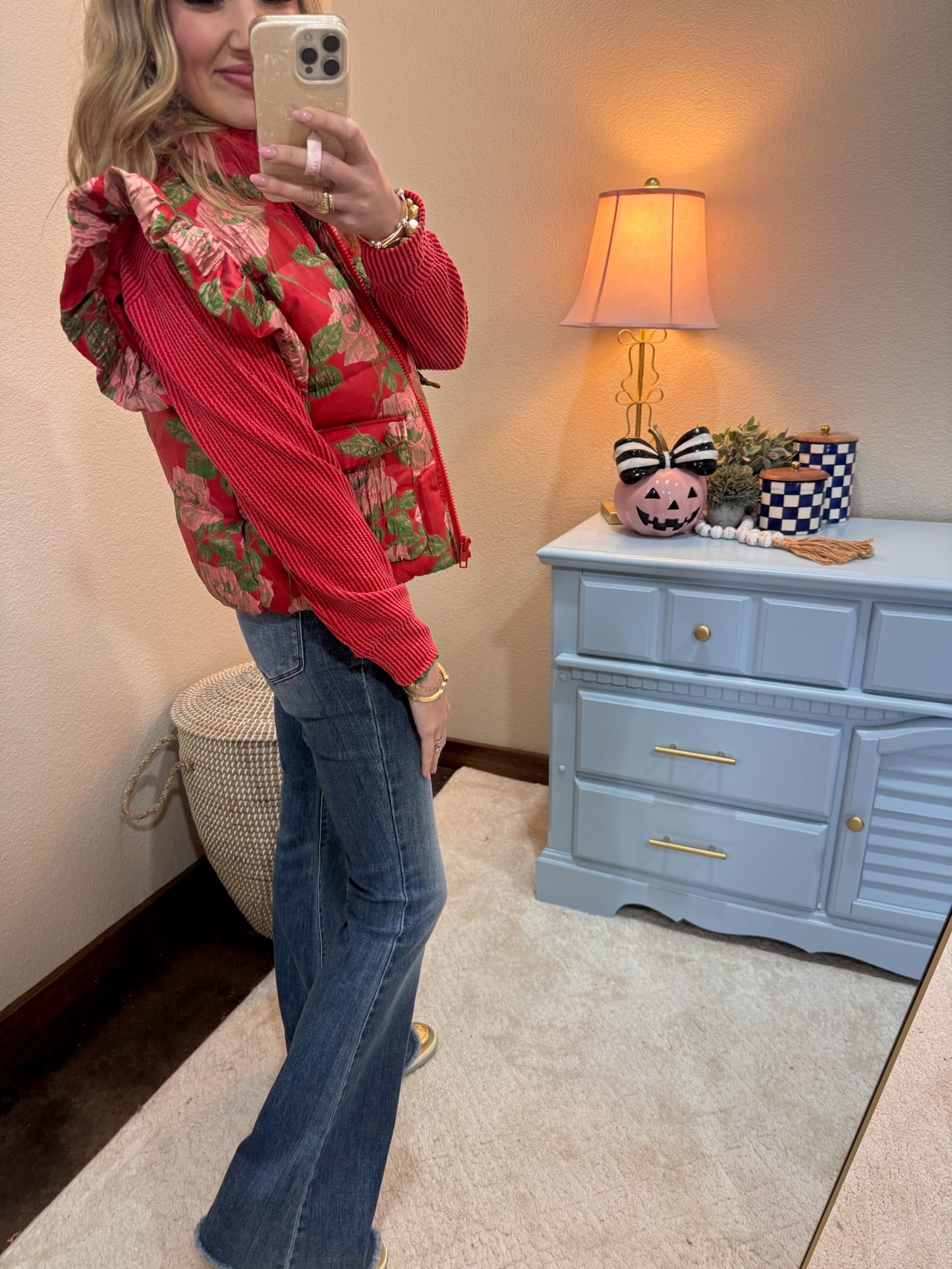 Red Floral Jacquard Puffy Vest