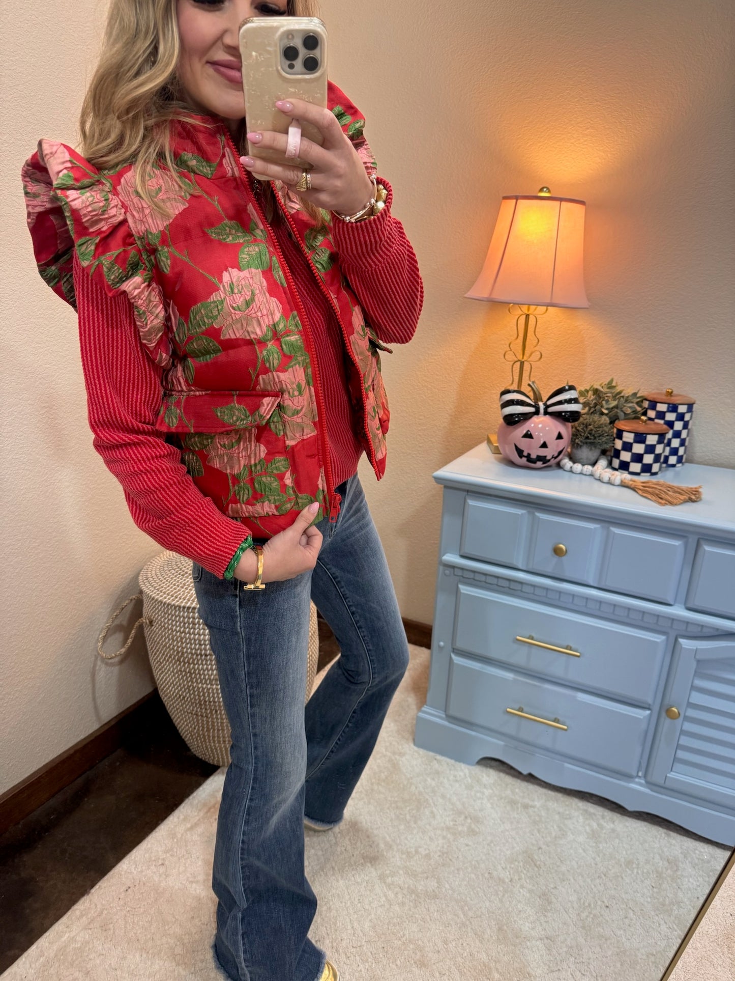 Red Floral Jacquard Puffy Vest