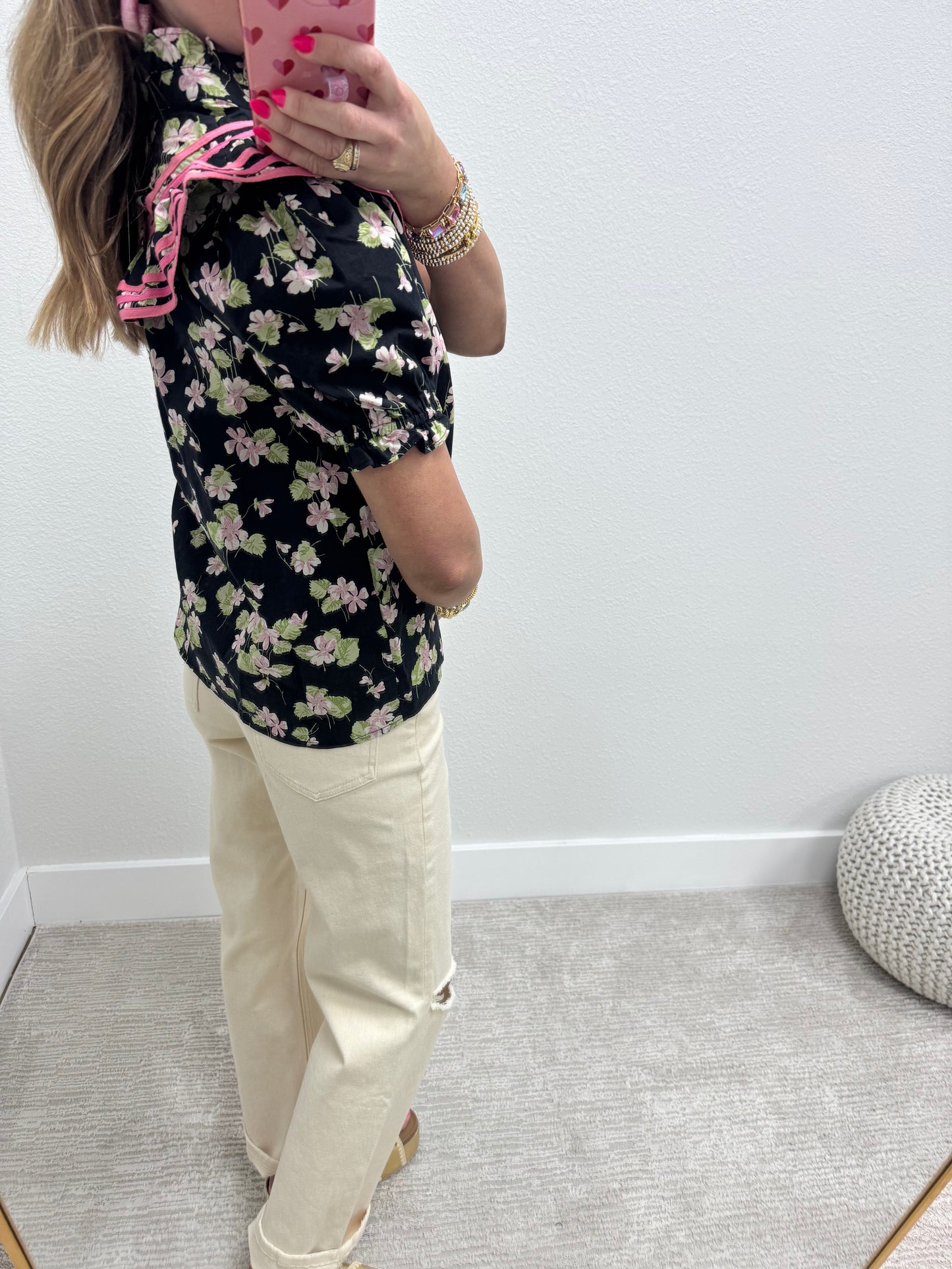 Black Floral Short Sleeve Shirt with Binding Trip Details