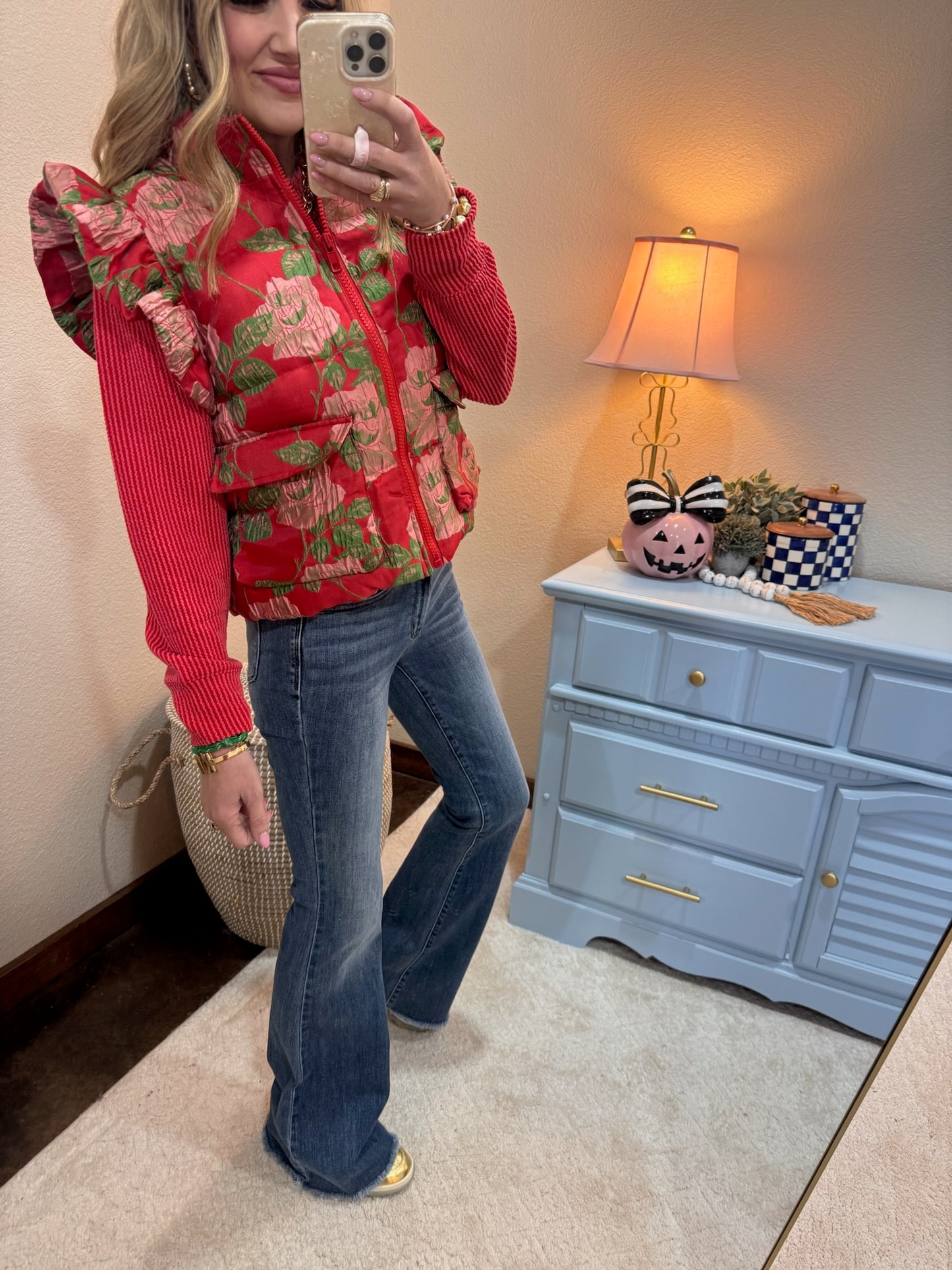 Red Floral Jacquard Puffy Vest