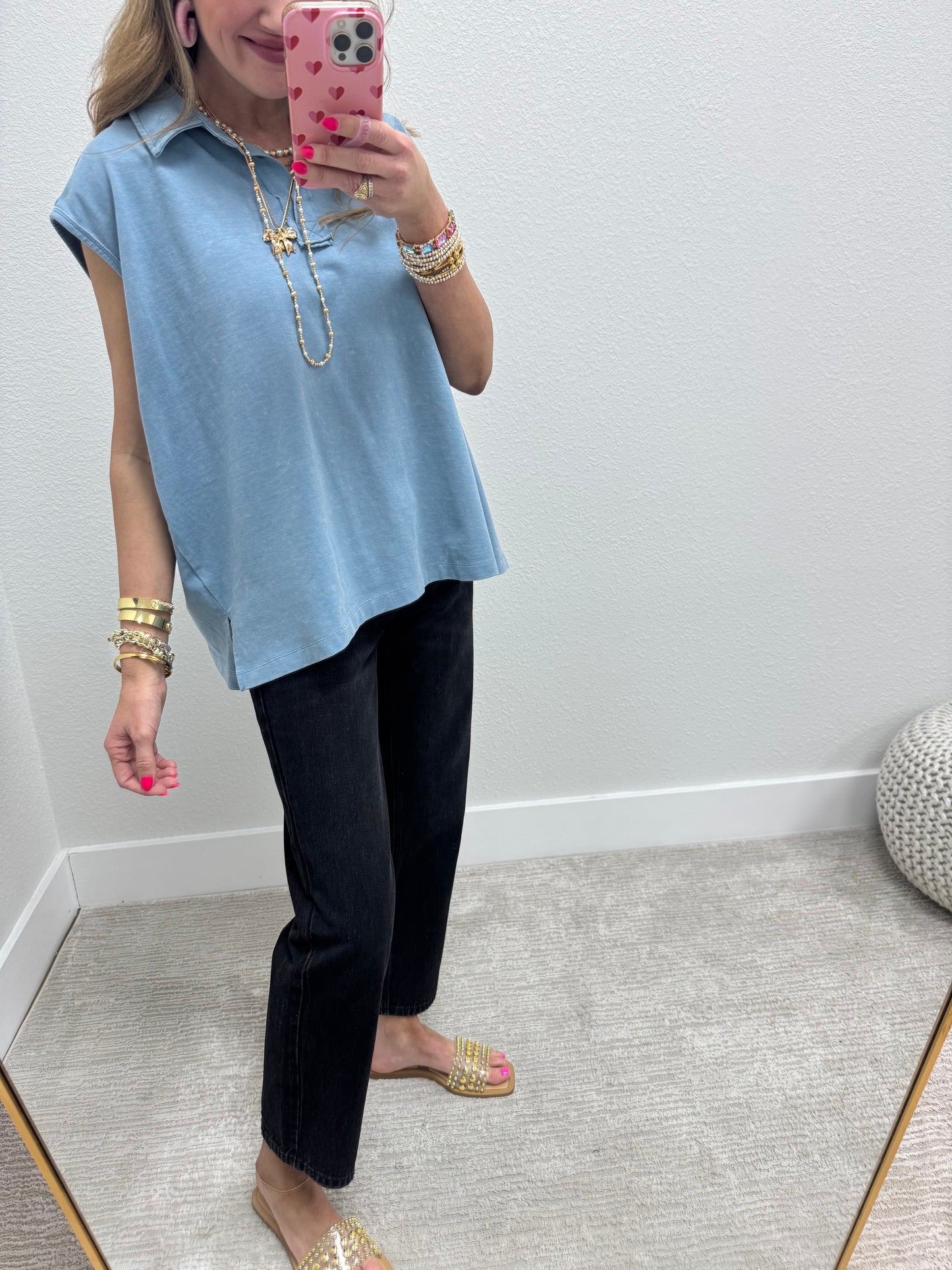 Denim Sleeveless Oversize Collared Top