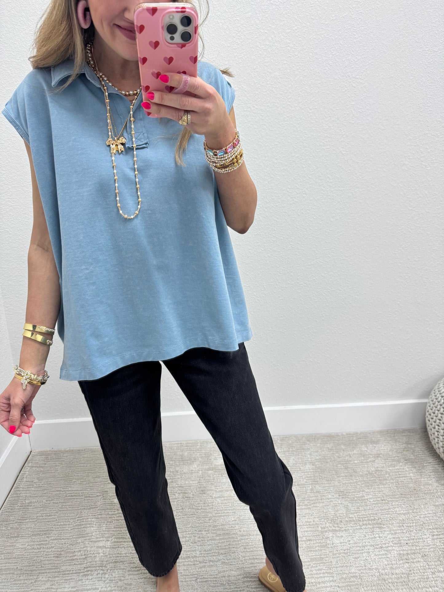 Denim Sleeveless Oversize Collared Top