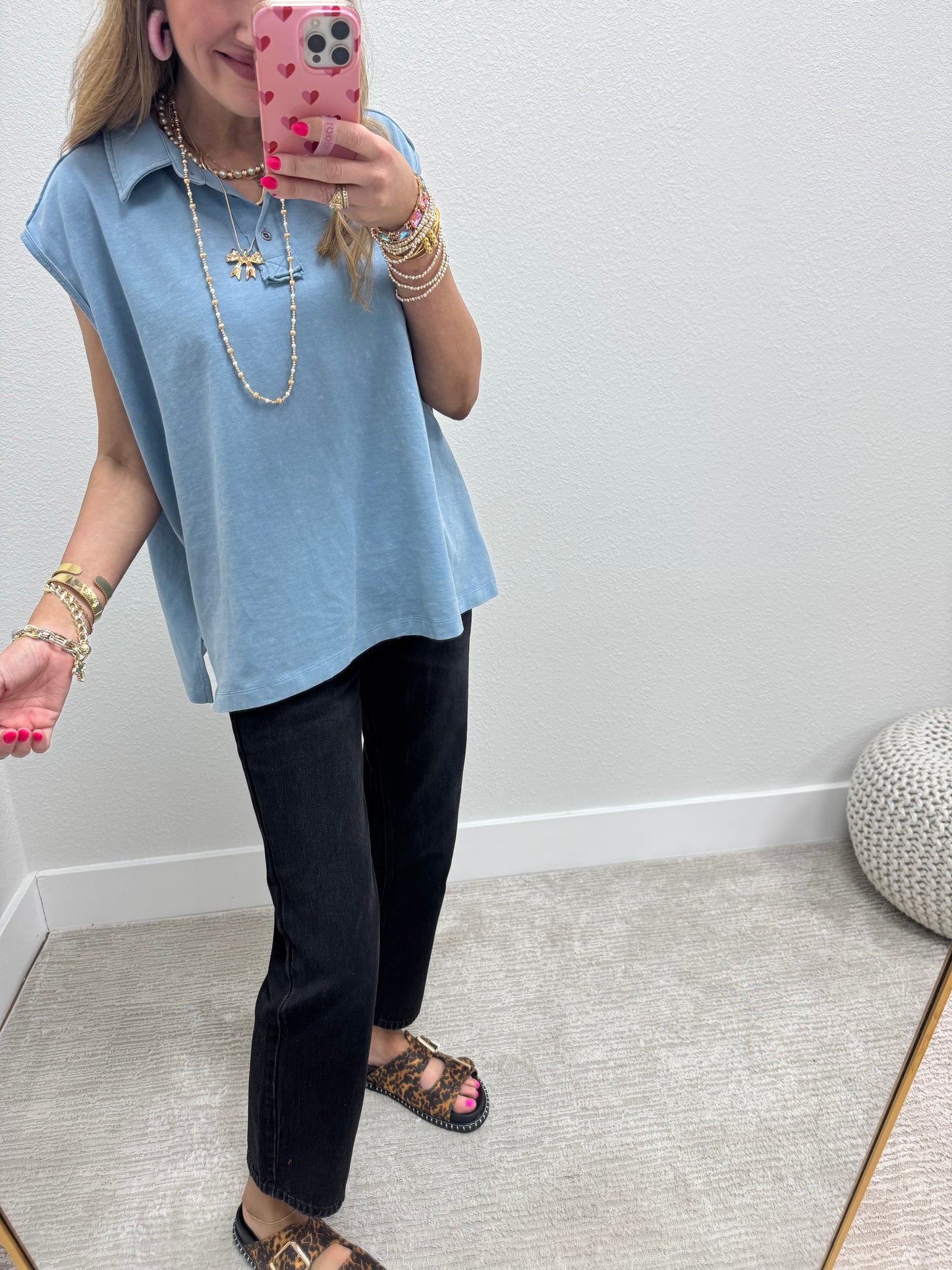 Denim Sleeveless Oversize Collared Top