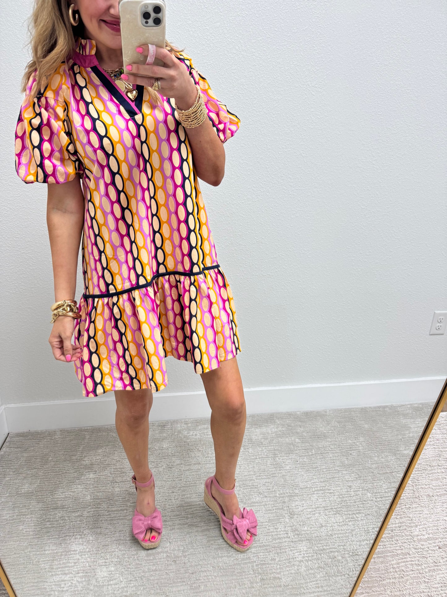 Pink Printed Ruffle High Neck Dress