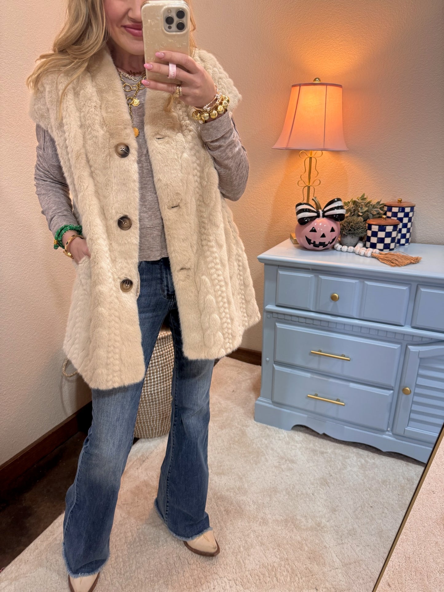 Cream Single Breasted Button Down Fuzzy Fur Vest Jacket