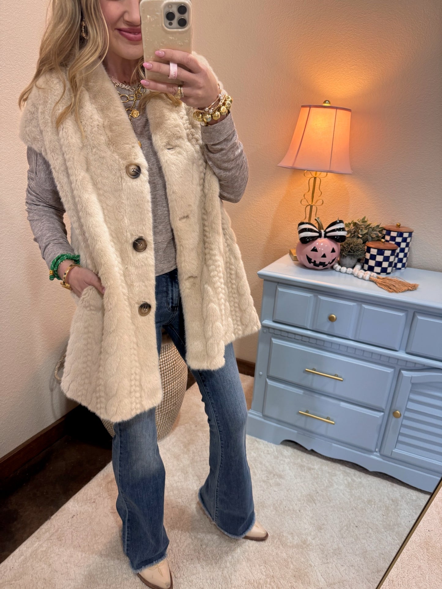 Cream Single Breasted Button Down Fuzzy Fur Vest Jacket
