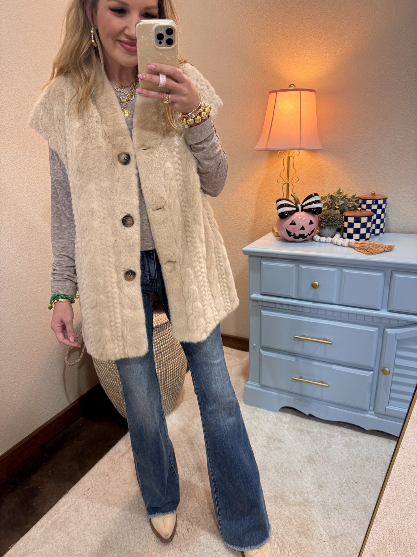 Cream Single Breasted Button Down Fuzzy Fur Vest Jacket