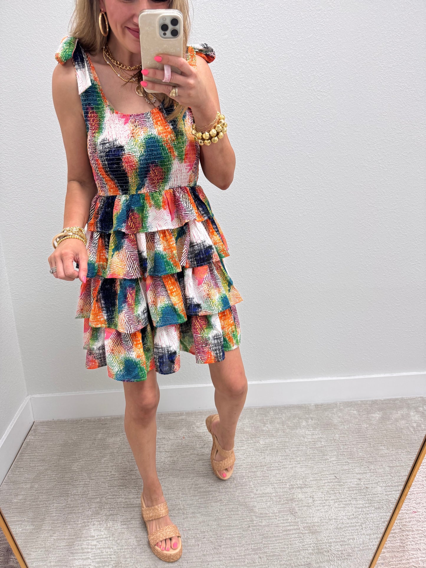 Multi Colored Tiered Tie Sleeve Dress