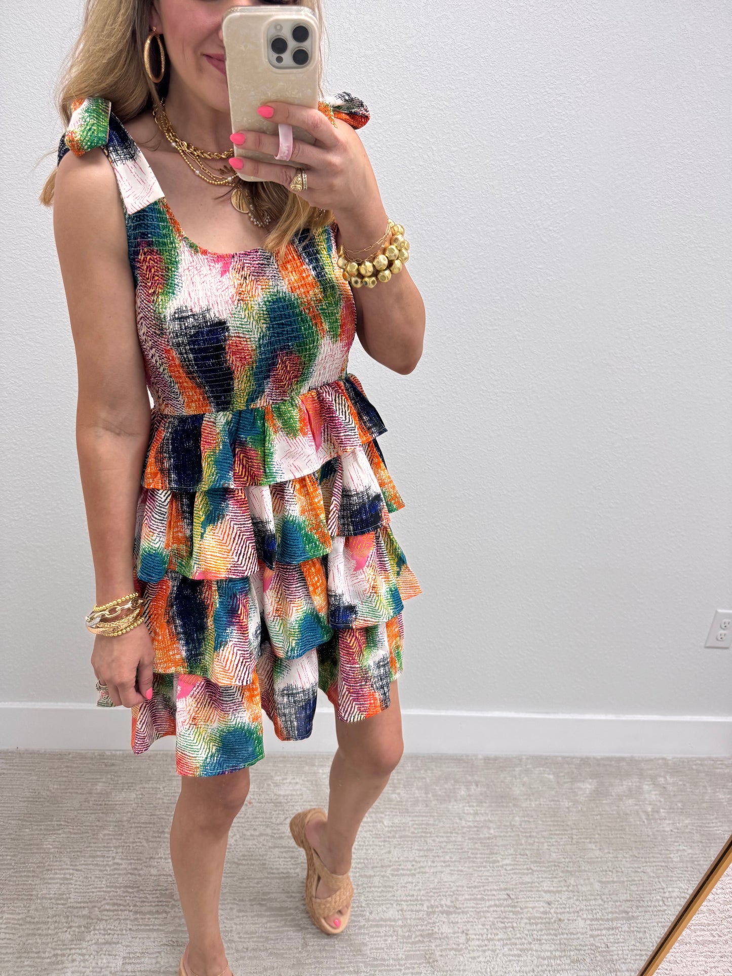 Multi Colored Tiered Tie Sleeve Dress