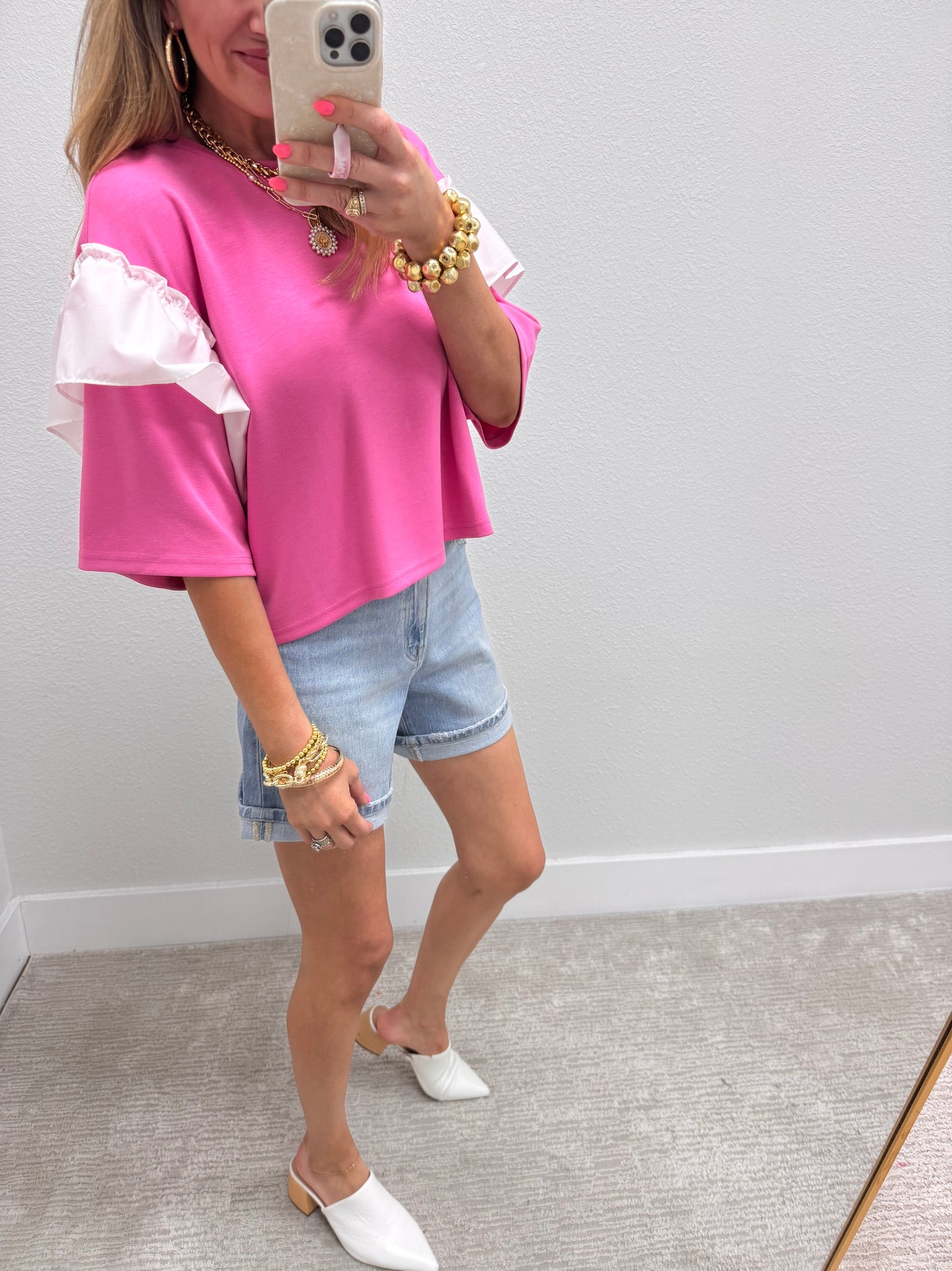 Pink Scuba Top With White Ruffle Arms