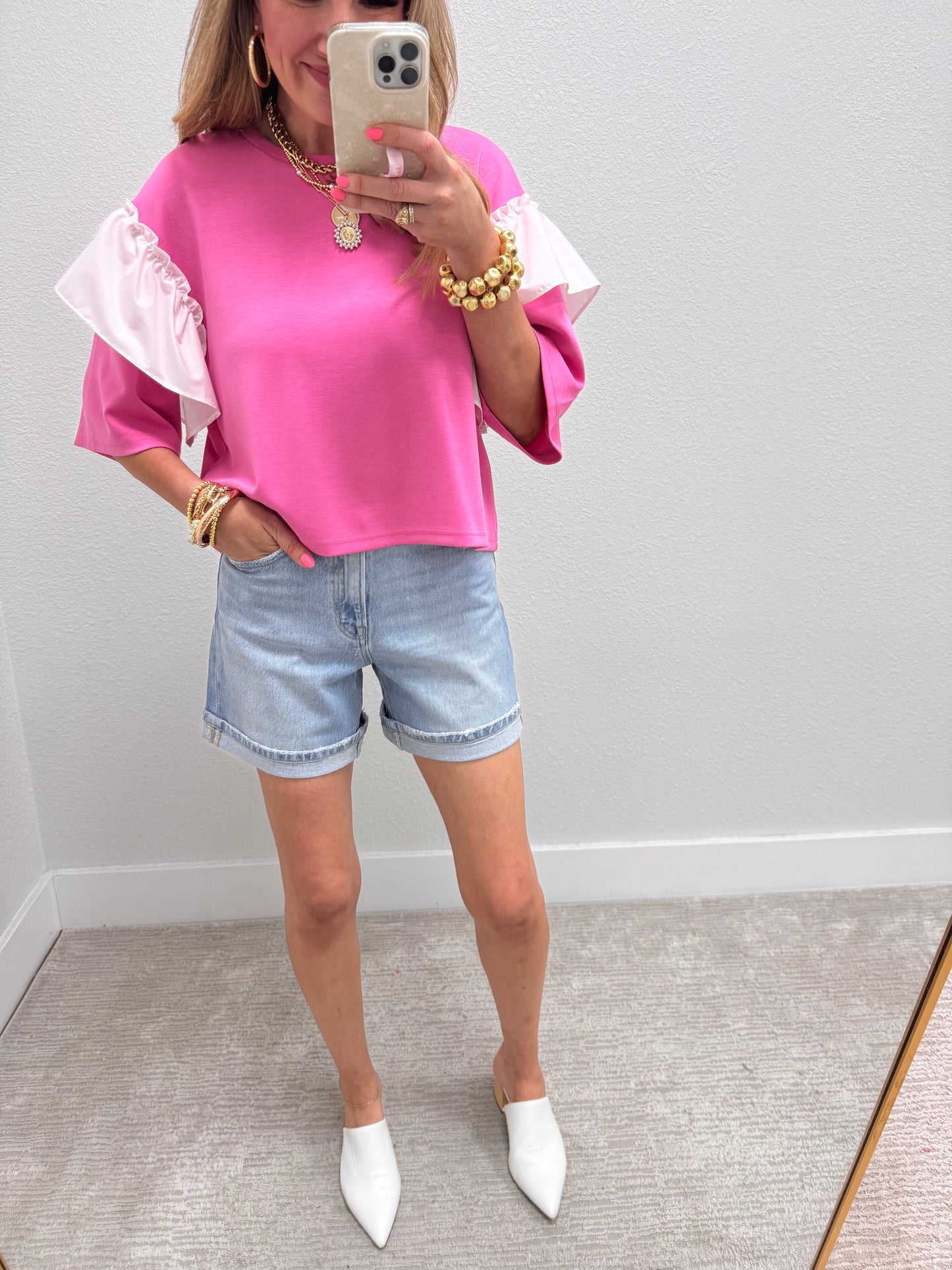 Pink Scuba Top With White Ruffle Arms