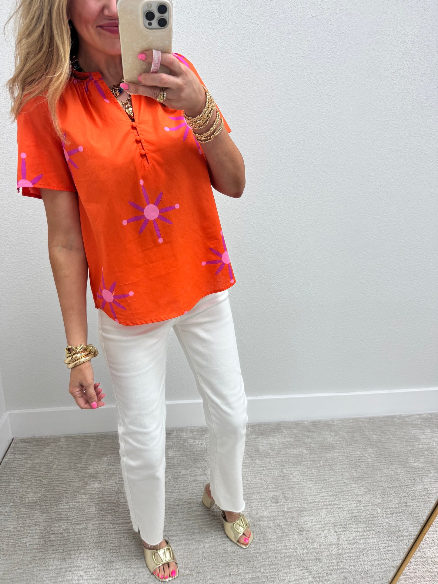 Orange Split Neck Top with Button Detail