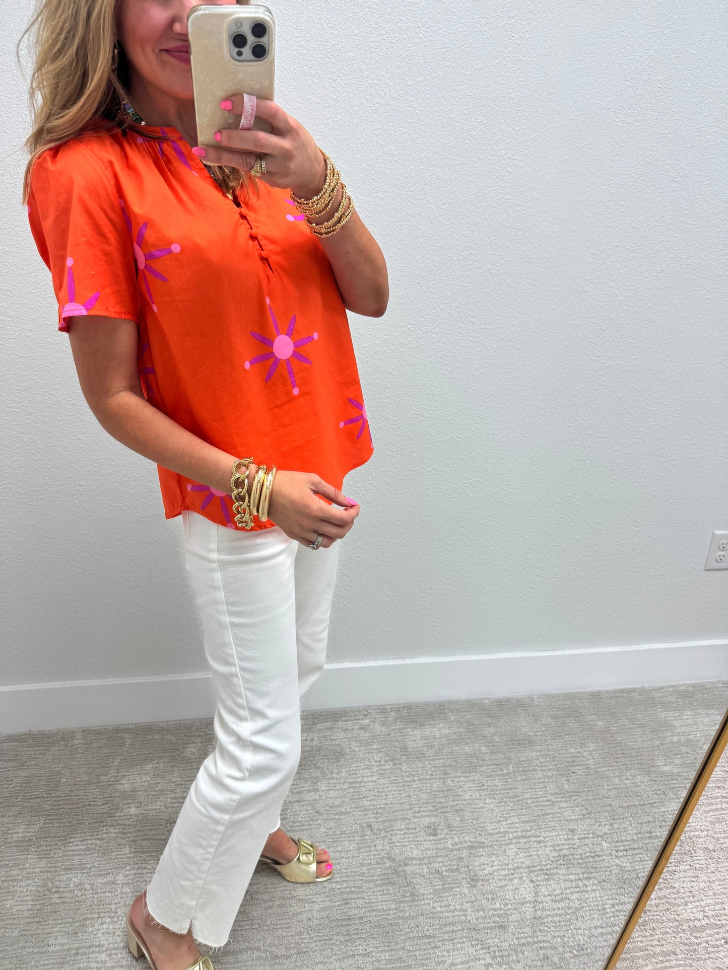 Orange Split Neck Top with Button Detail