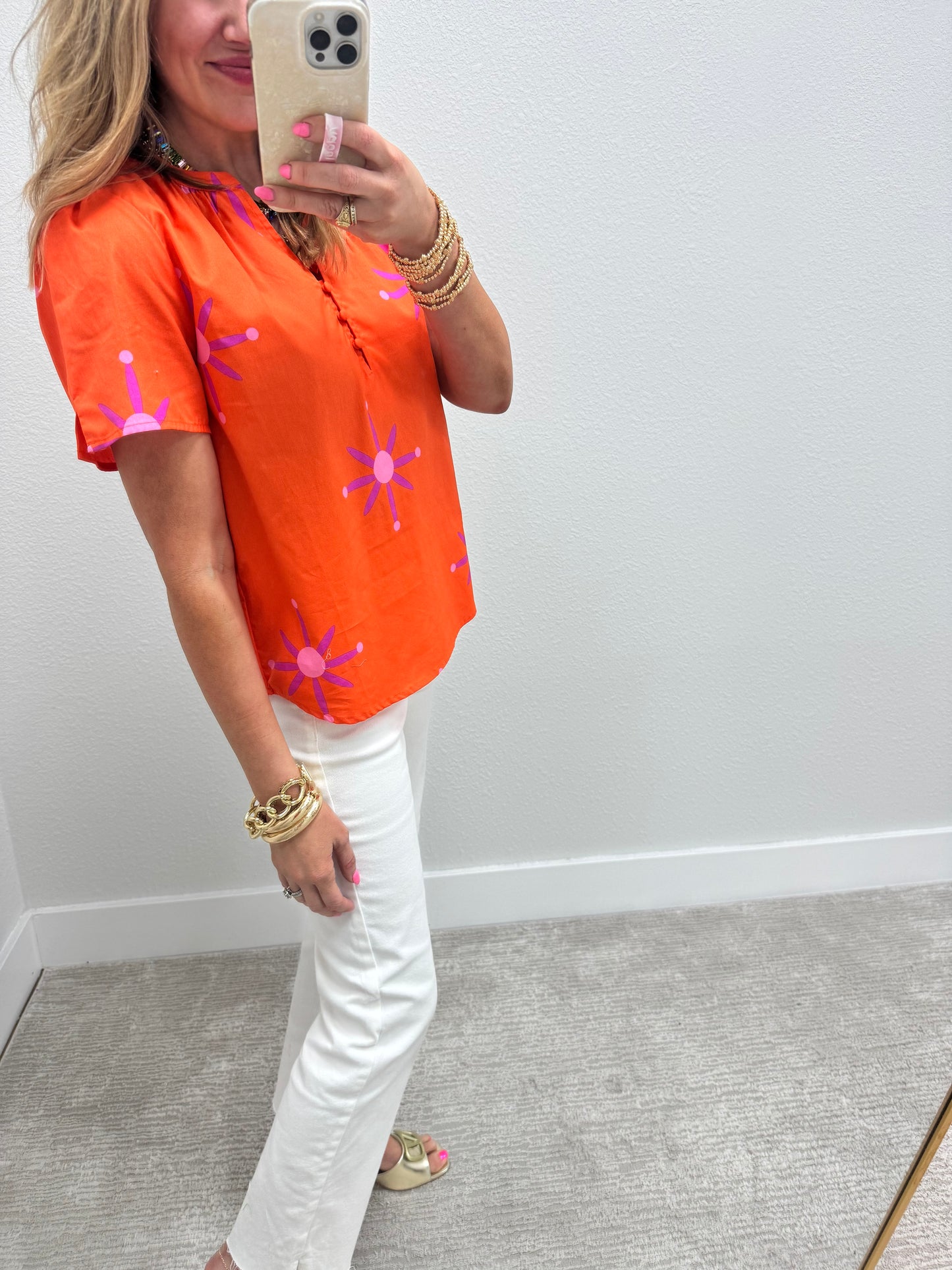 Orange Split Neck Top with Button Detail