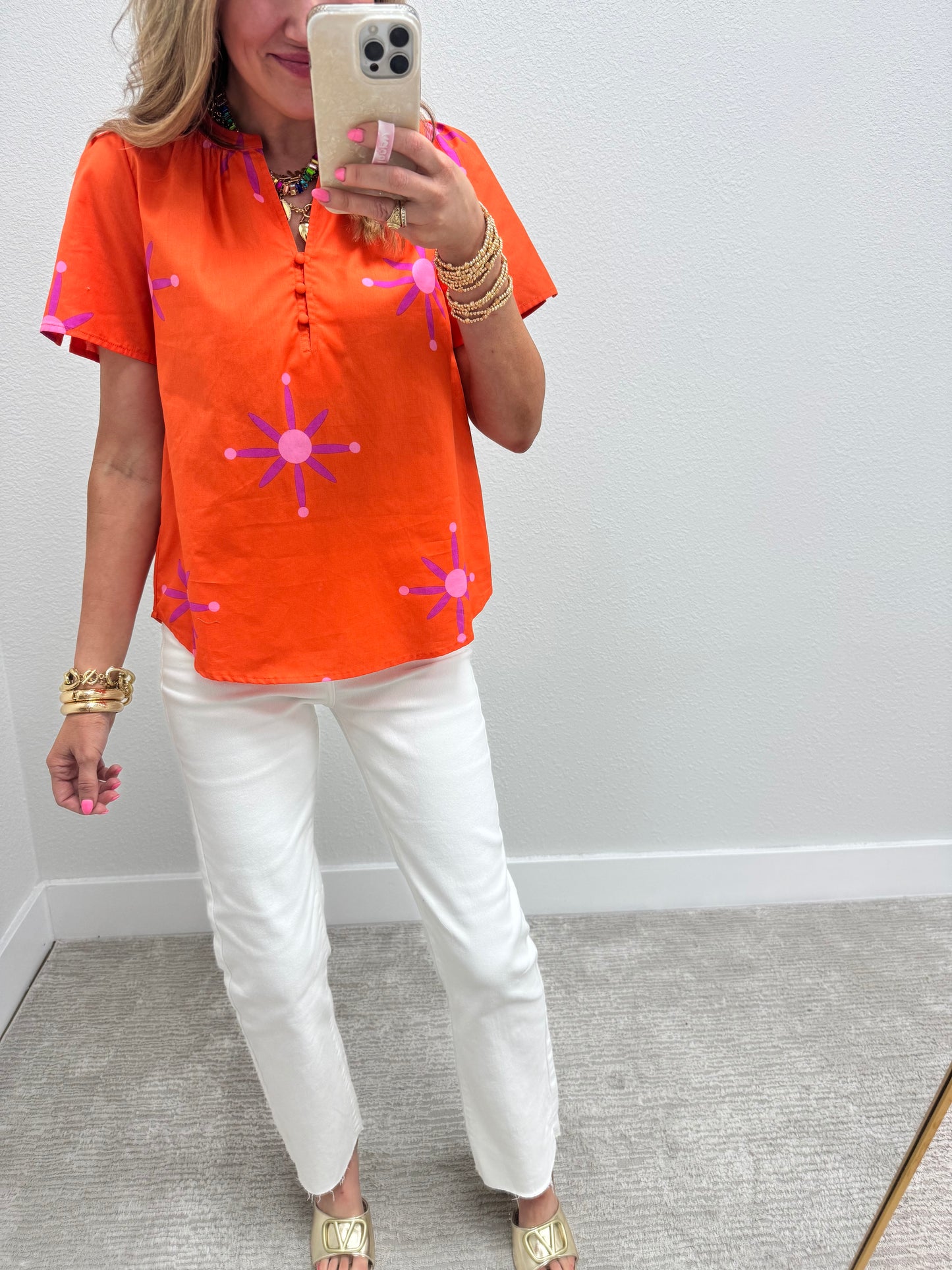 Orange Split Neck Top with Button Detail