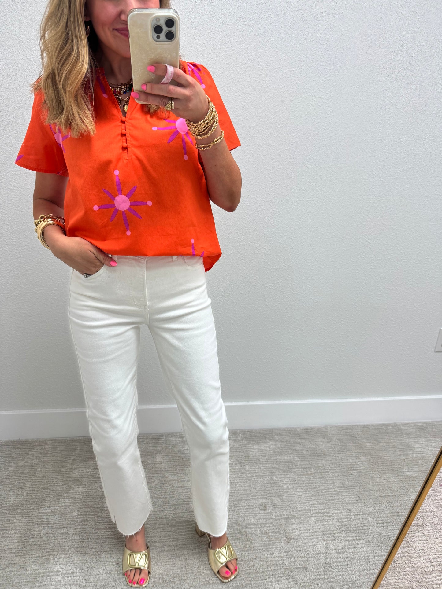 Orange Split Neck Top with Button Detail