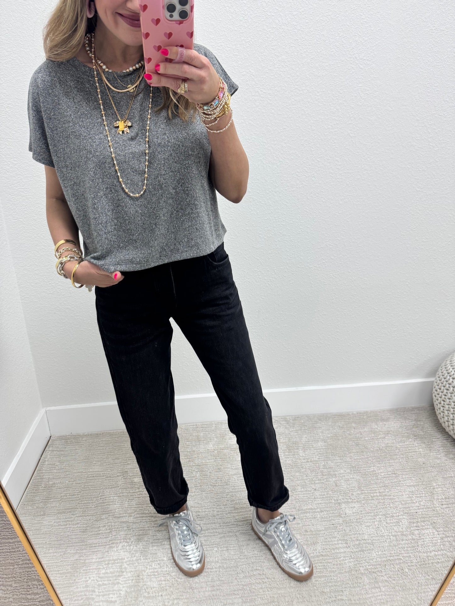 Black Melange Super Soft Crop Short Sleeve