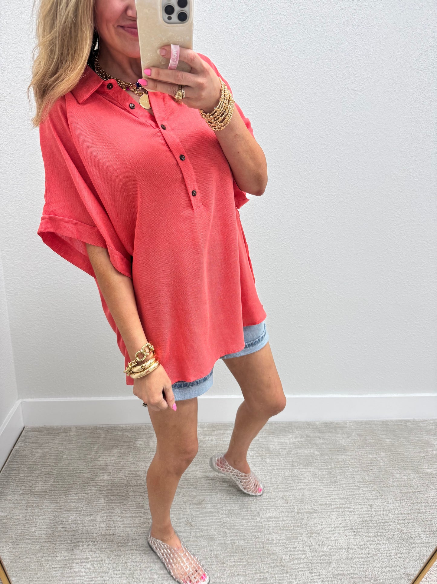 Oversized Orange Half Button Drop Shoulder Shirt