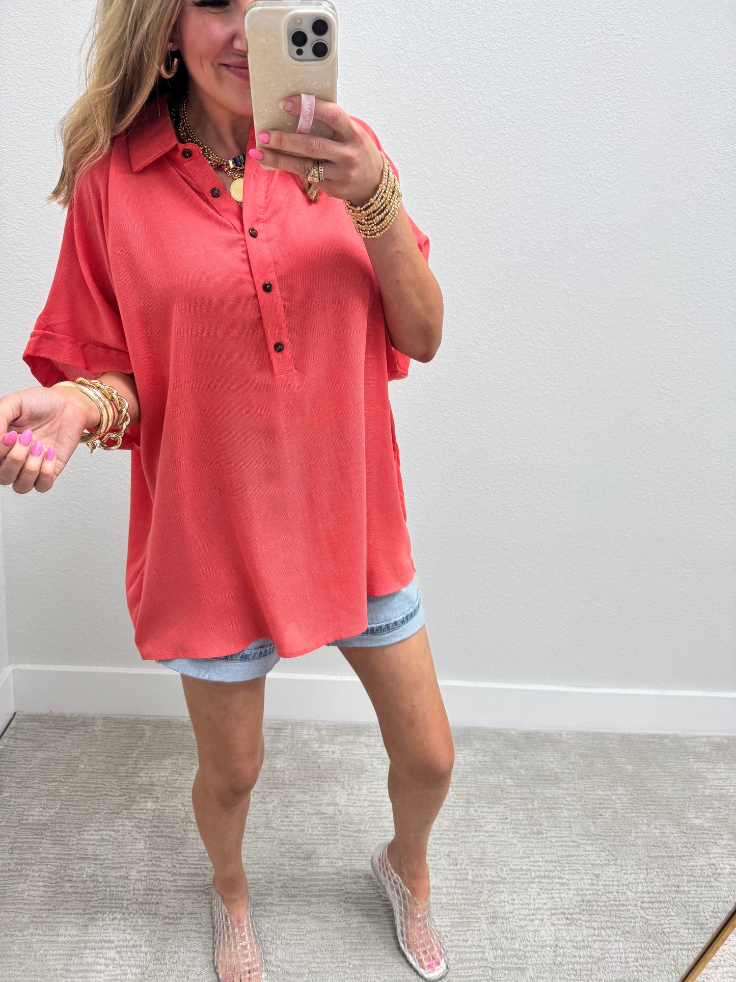 Oversized Orange Half Button Drop Shoulder Shirt