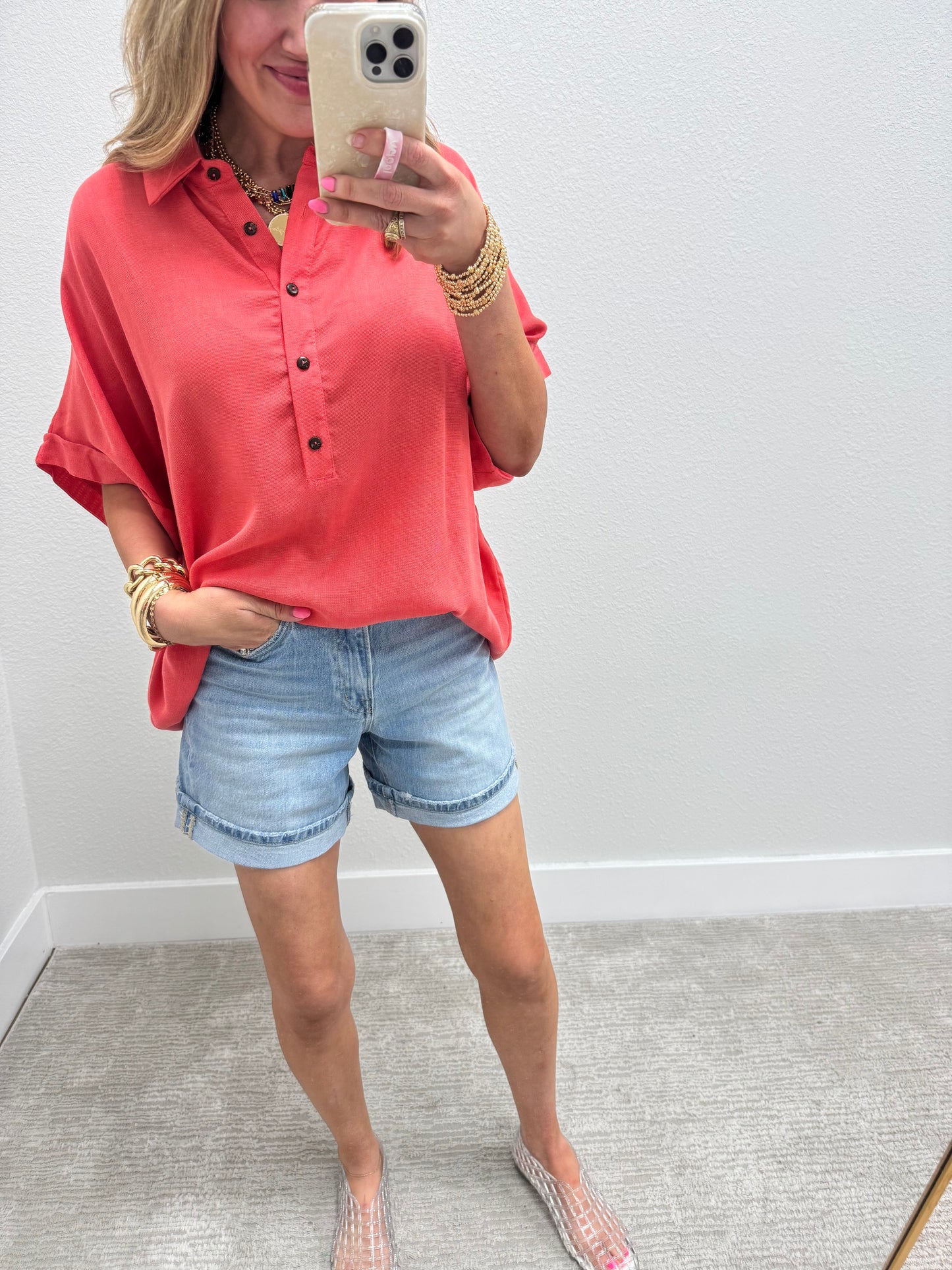 Oversized Orange Half Button Drop Shoulder Shirt