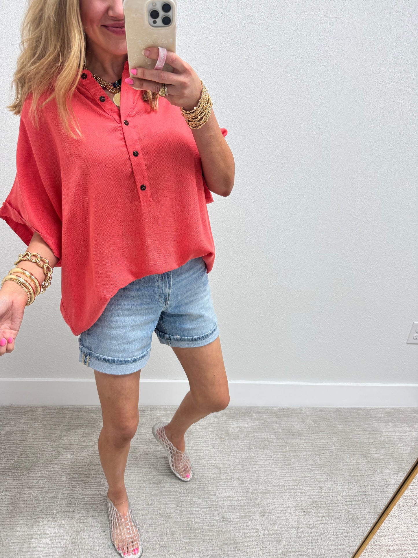 Oversized Orange Half Button Drop Shoulder Shirt