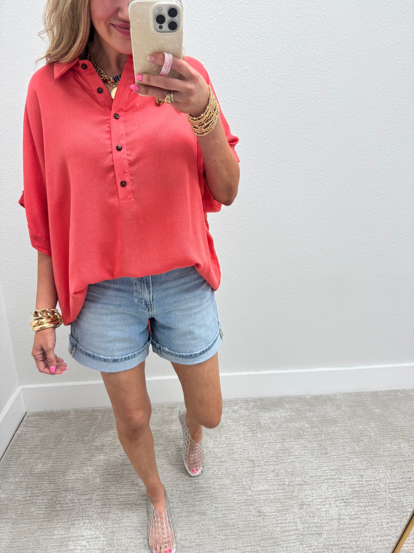 Oversized Orange Half Button Drop Shoulder Shirt