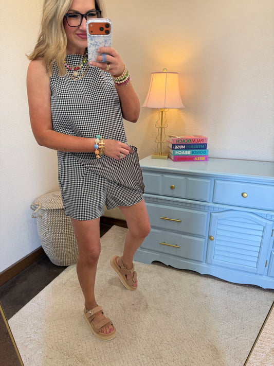 Black Gingham Checkered Sleeveless Top And Skort Set