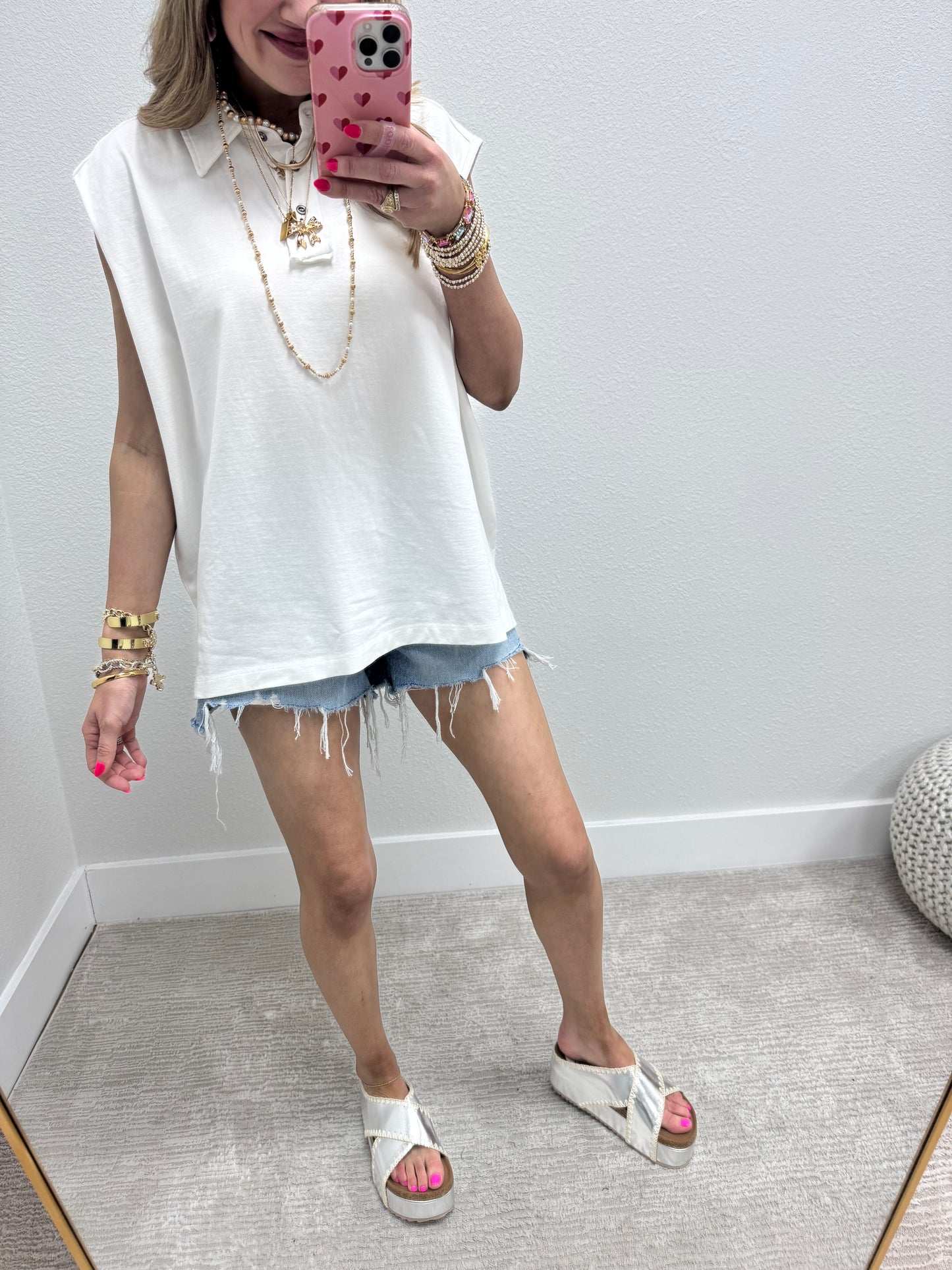 Cream Sleeveless Oversize Collared Top