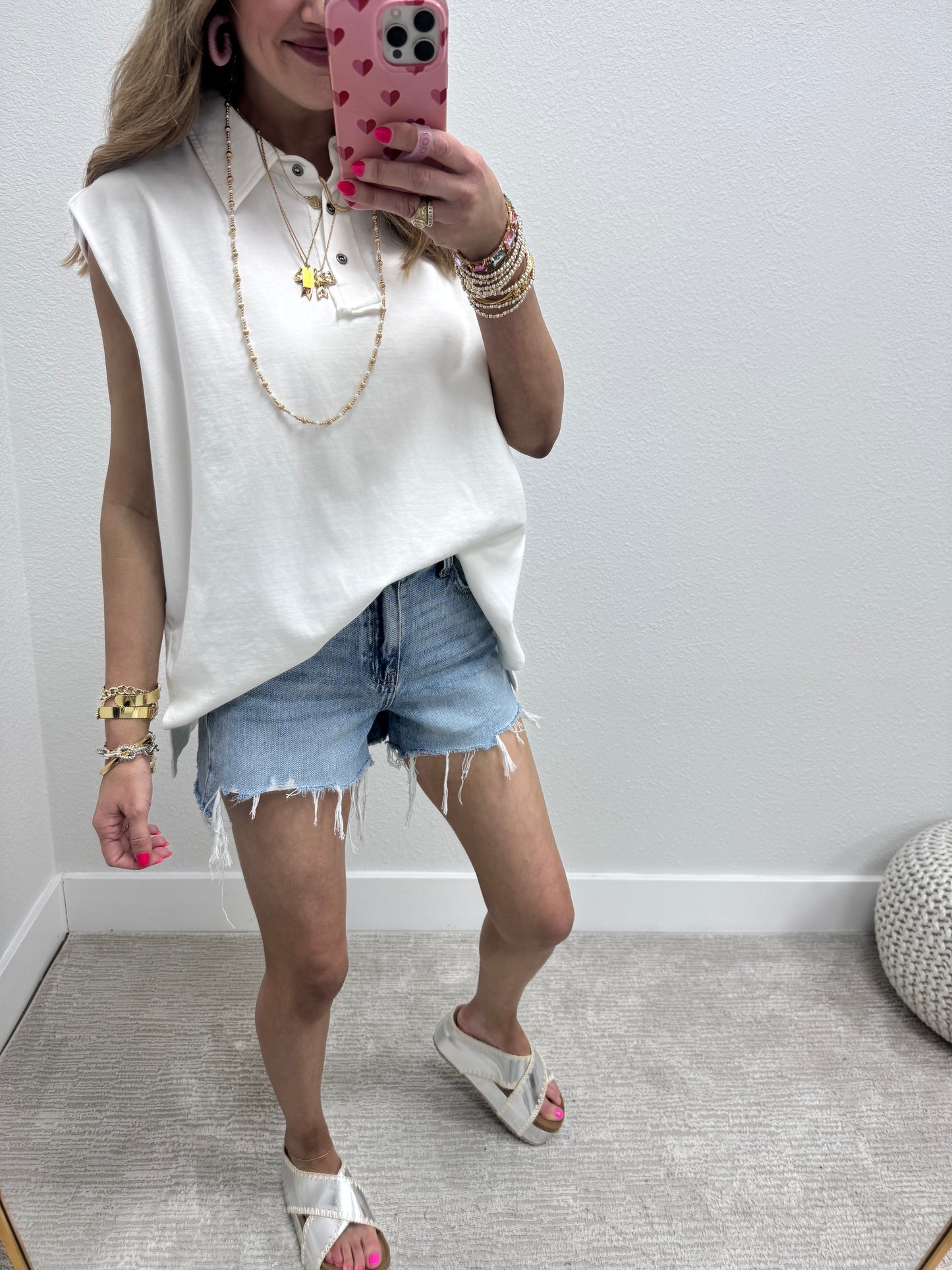 Cream Sleeveless Oversize Collared Top