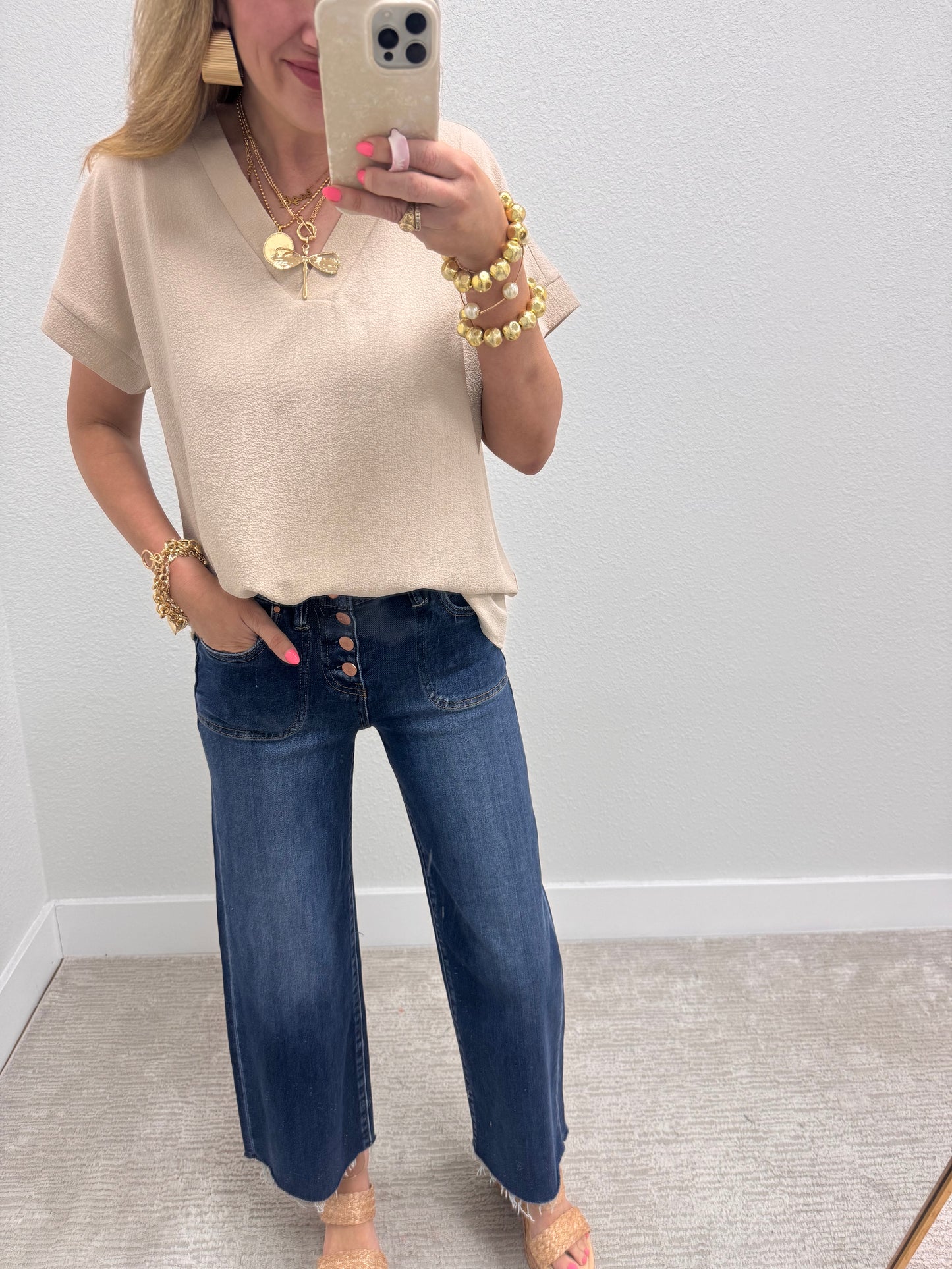 Sand Beige Crinkle Texture V-Neck Top