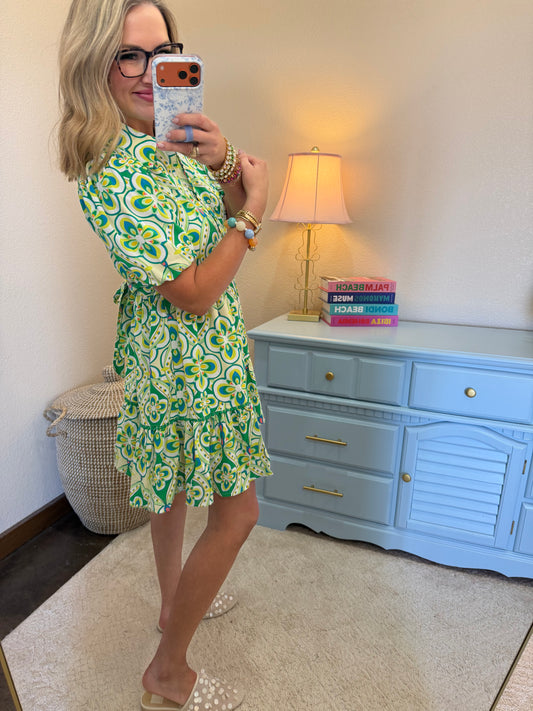 Green Print Collared Button Down A Line Dress With Belt