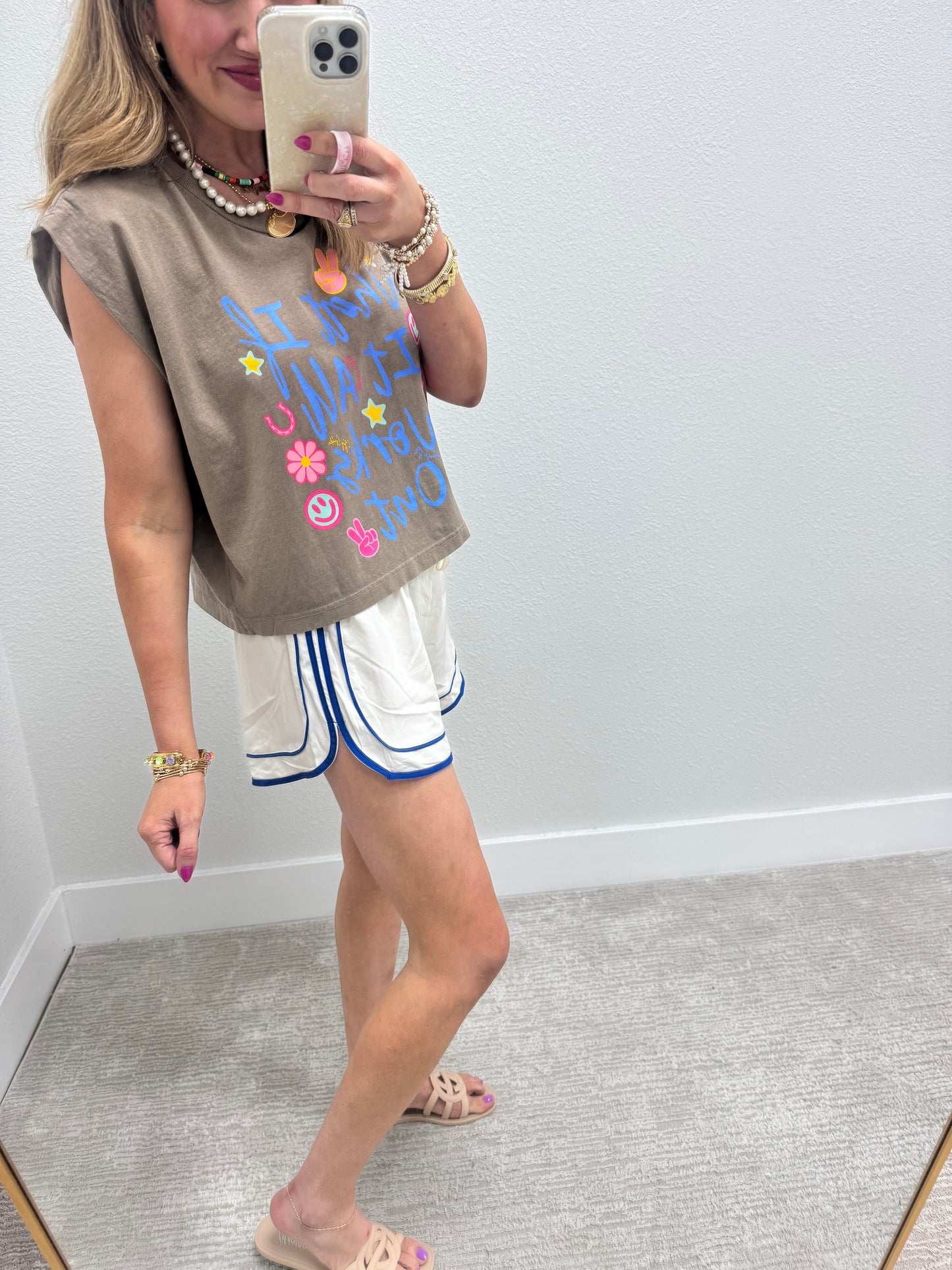 Cream Athletic Shorts with Piping Detail