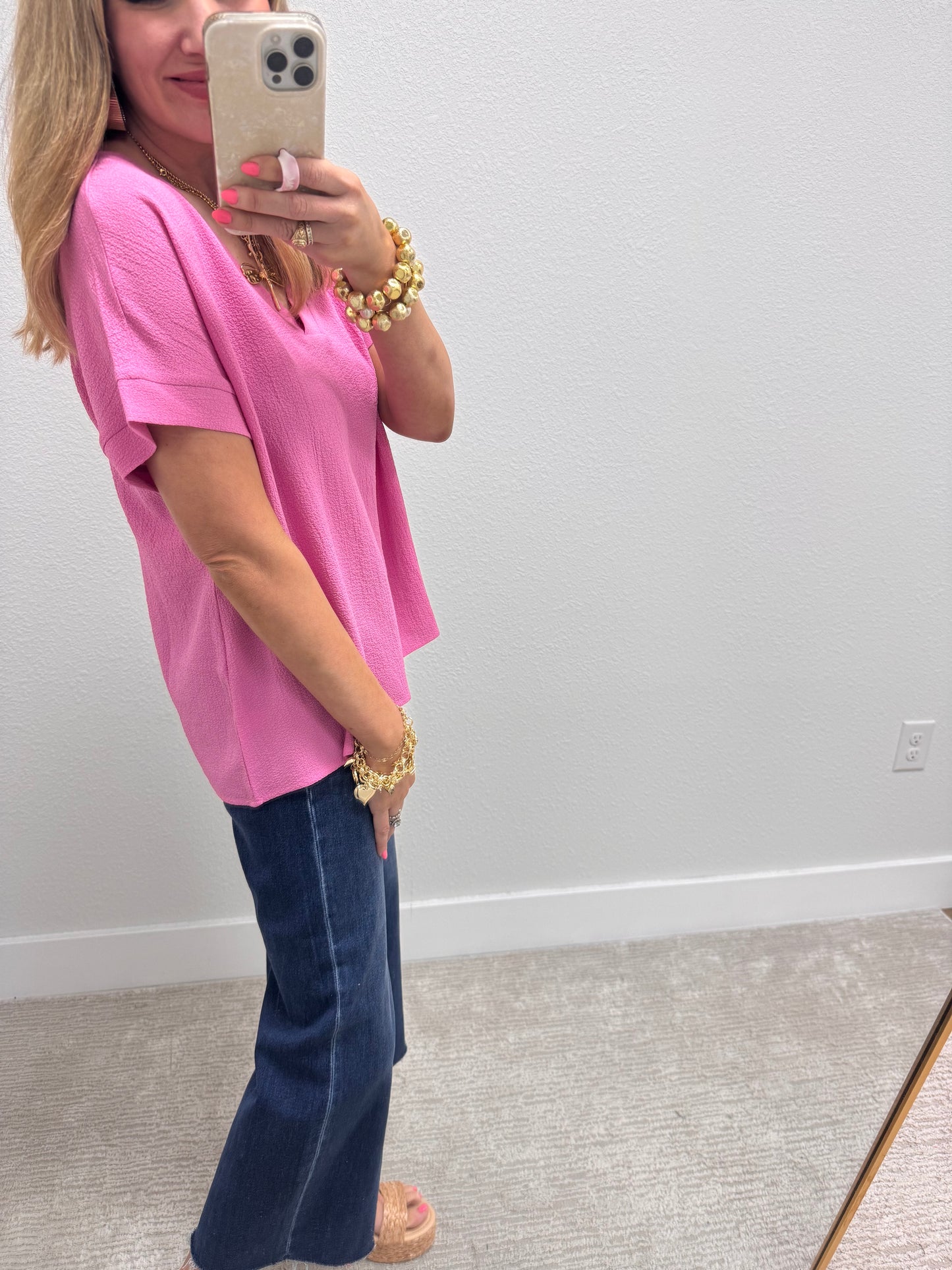 Light Mauve Crinkle Texture V-Neck Top